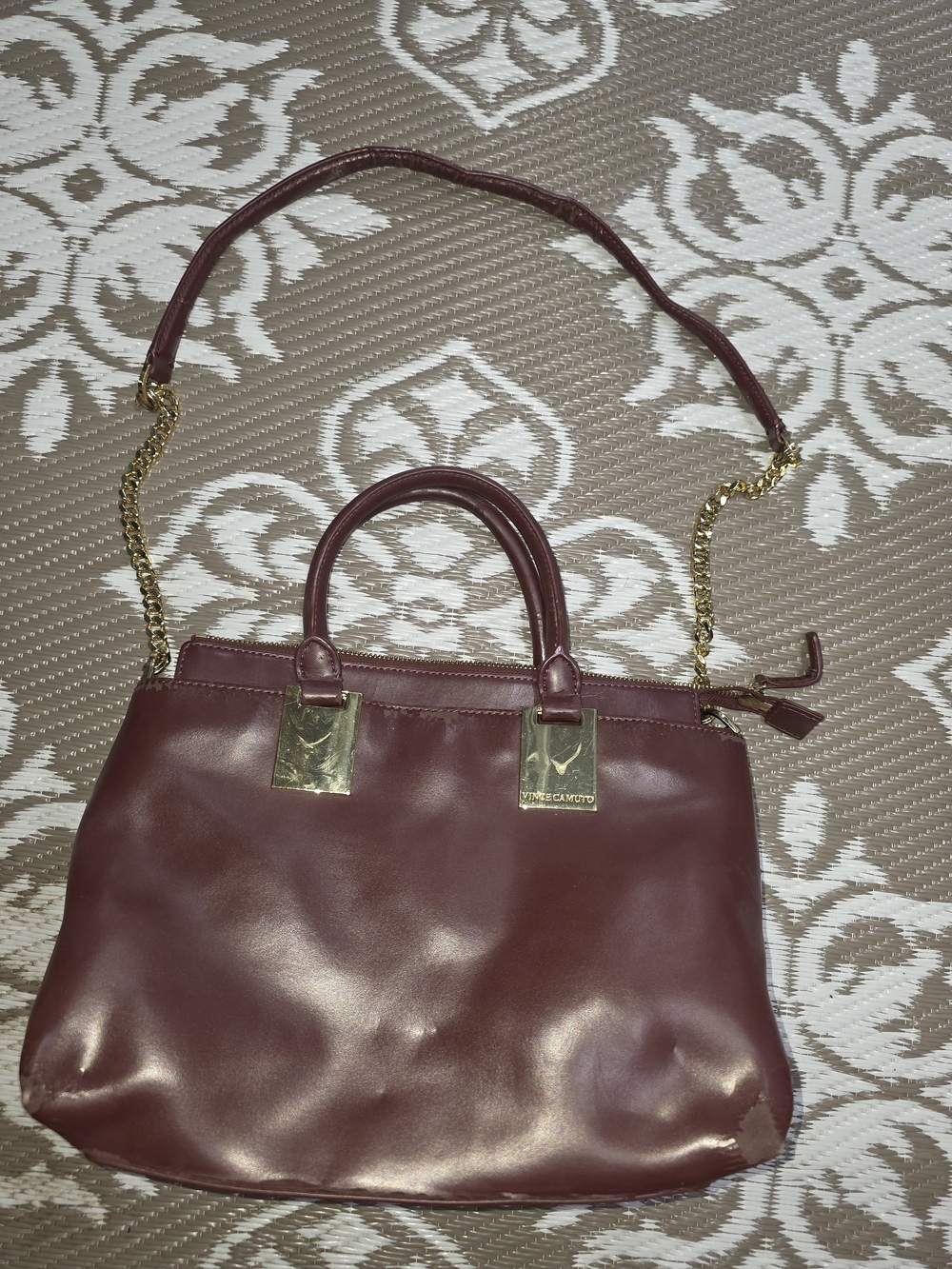 Vince Camuto Wine Leather Tote with Gold Chain Accents